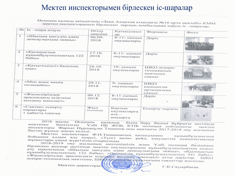 Мектеп инспекторымен бірлескен іс-шаралар