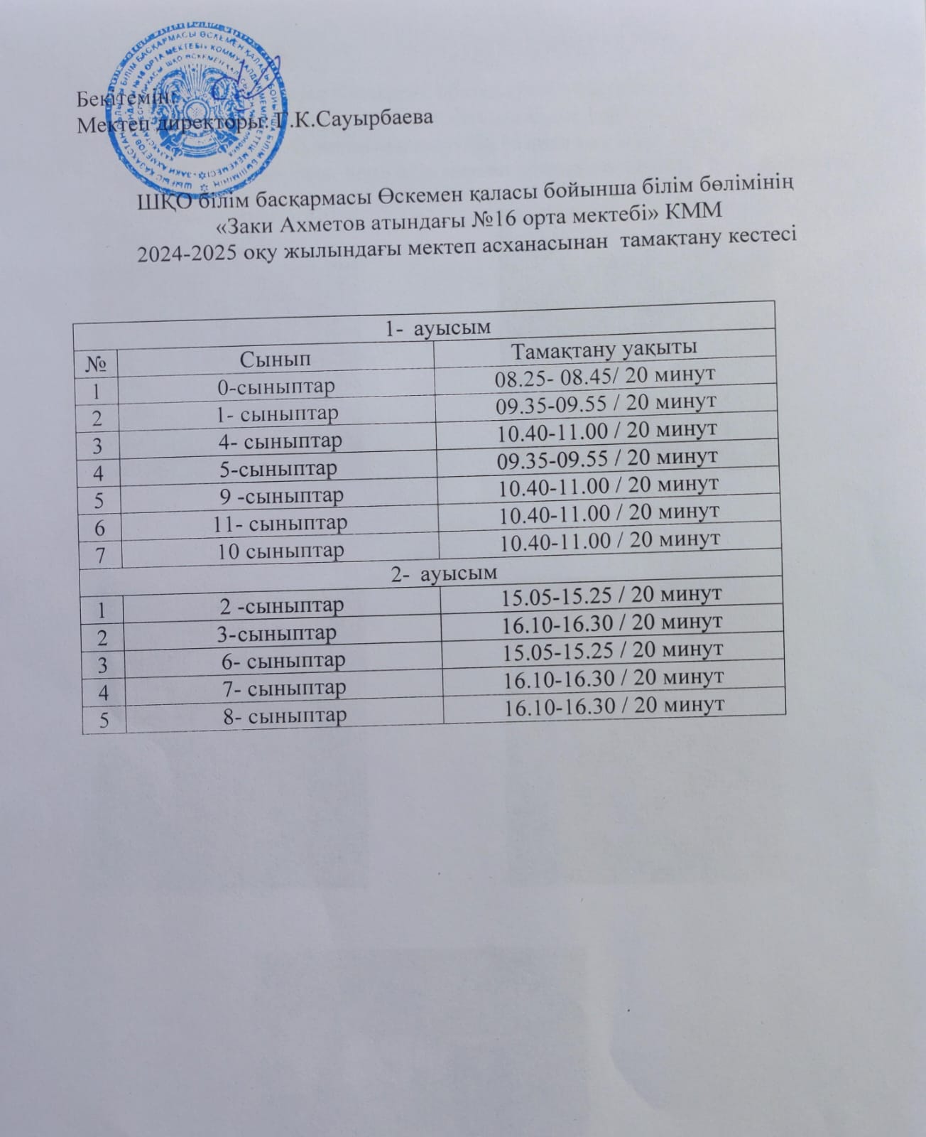 Тамақтану кестесі